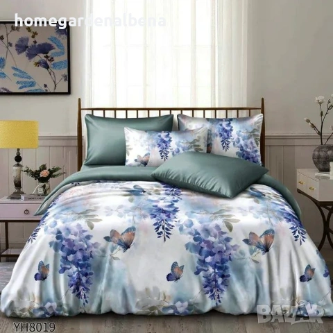 Луксозно спално бельо памучен сатен флорални десени 4 части двоен комплект с ластик