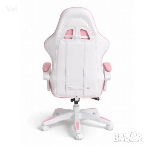 Ергономичен розов геймърски стол с поставка за крака - регулируема облегалка и 2 възглавници 