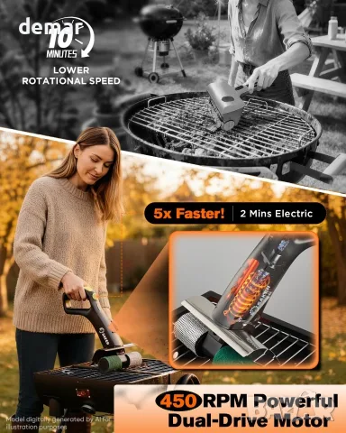 SAKER Electric Grill Brush HK05E-B – безжична почистваща четка за скара с LED фенер и 3 глави, снимка 7 - Барбекюта - 55321177