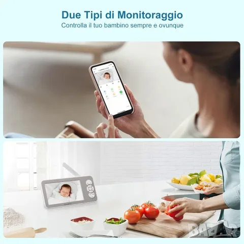 Смарт видео бебефон Kompinac M1 Video Baby Monitor,5-инчов екран с въртяща се Wi-Fi камера, снимка 4 - Бебефони - 55378891