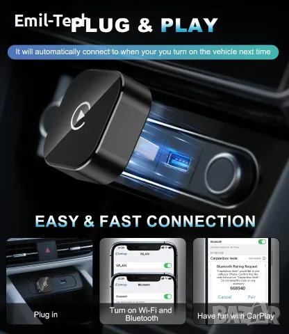 Безжичен Apple CarPlay адаптер CMRDQD – Plug & Play, снимка 4 - Аксесоари и консумативи - 55493999