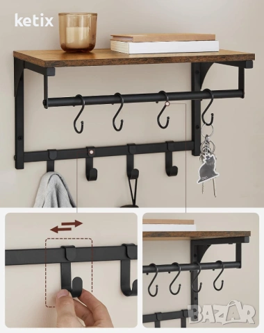 Стенна закачалка с рафт ,8 подвижни куки, снимка 3 - Закачалки - 54057226