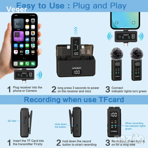 безжичен микрофон LVVIACE Wireless Lavalier Microphone 3 in 1, снимка 5 - Микрофони - 54635600