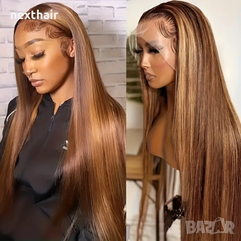 Естествена перука от бразилска коса 70-75 см - Lace Front 13x6, кафява с руси кичури, 200% плътност, снимка 10 - Аксесоари за коса - 54408154