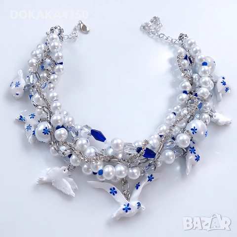Колие тип чокър в бяло и синьо , снимка 3 - Колиета, медальони, синджири - 54056016