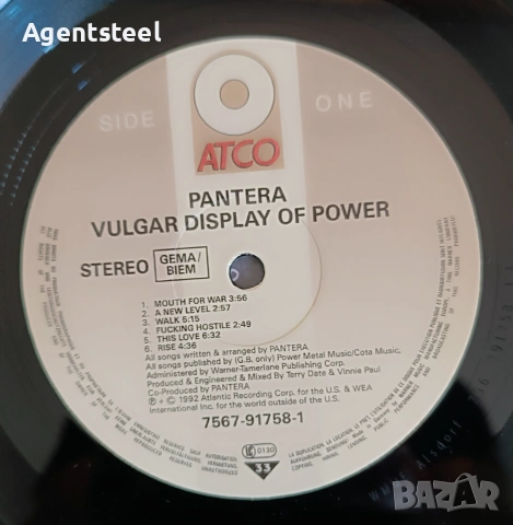 Грамофонна плоча PANTERA - Vulgar Display Of Power, снимка 3 - Грамофонни плочи - 55135069