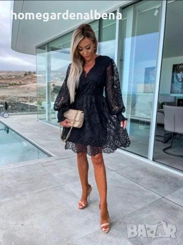 Прекрасна Дамска Дантелена Рокля с Буфан Ръкави Универсален Размер