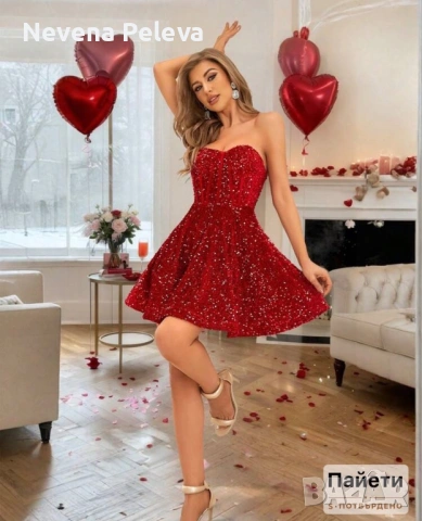 Къса червена рокля с пайети, снимка 2 - Рокли - 54178442