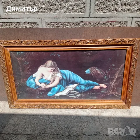 Масивна ретро рамка от дърво + соц принт (орнаментирана, златист блясък) – 84х43 см