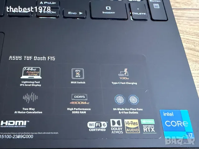 144Hz Asus Tuf Dash FX517`Core i7-12650H/16GB DDR5/512GB SSD/Nvidia RTX 3050Ti/Бат 6ч, снимка 2 - Лаптопи за игри - 55559279
