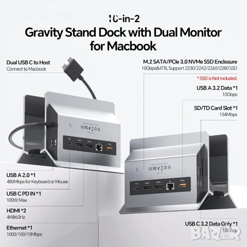Докинг станция PULWTOP 10 in 1 за MacBook, снимка 8 - Кабели и адаптери - 55030875