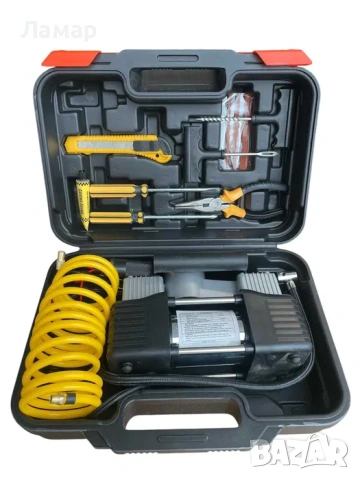 Компресор за гуми двуботален с комплект инструменти 12V манометър