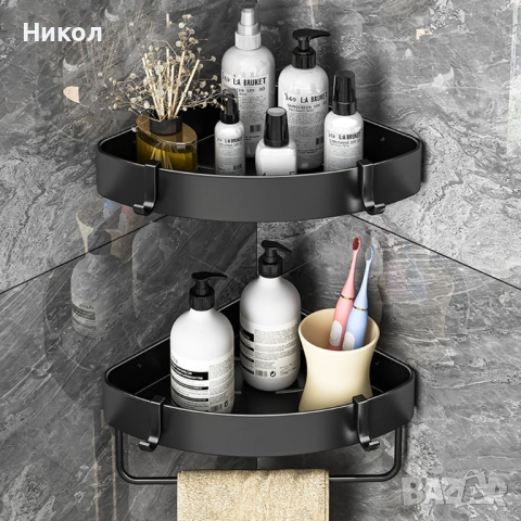 Черен рафт за баня 2 бр, с 4 регулируеми куки, неръждаема стомана, хромиран, баня, тоалетна, кухня, снимка 5 - Етажерки - 54042595