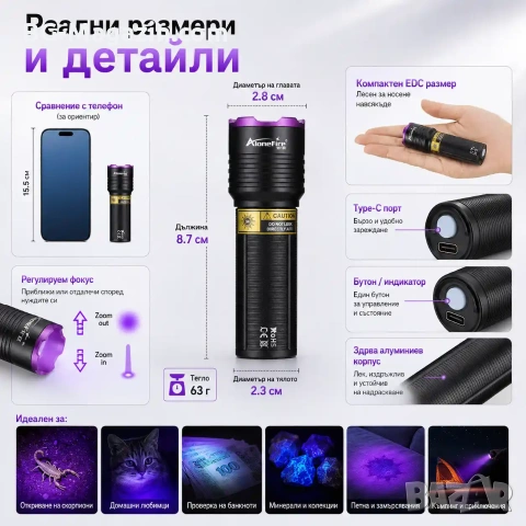 Професионален мощен ръчен ув фенер 365nm UV за камъни фалшиви пари печати акумулаторен USB zoom, снимка 3 - Други инструменти - 54340364