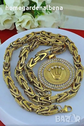 Мъжки синджир с медальон Корона 60см Медицинска стомана 14К златно 