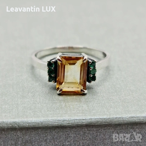 Сребърен пръстен с Цитрин и Смарагди , снимка 4 - Пръстени - 54083461