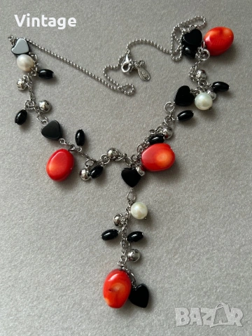 Луксозно уникално сребърно колие с естествени камъни корали, оникс и перли , снимка 7 - Колиета, медальони, синджири - 54023424