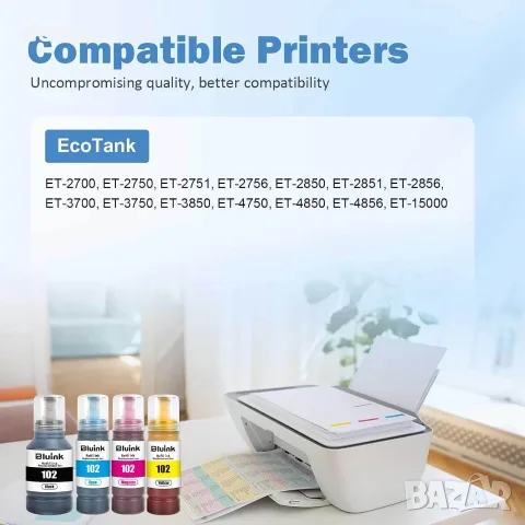 Комплект мастила съвместими с Epson 102 – 5 броя за EcoTank принтери – Black, Cyan, Magenta, Yellow, снимка 3 - Консумативи за принтери - 55499122