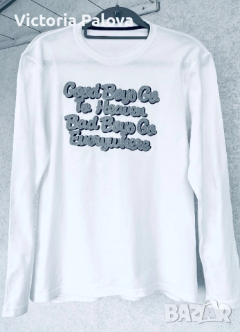 Ефектна бяла блуза с 3D релефна бродерия - "Good Boys Go To Heaven", снимка 2 - Блузи с дълъг ръкав и пуловери - 54189359