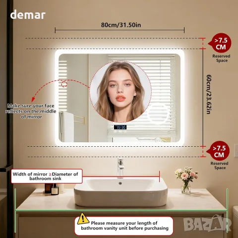 LUVODI Огледало за баня с LED осветление: 800x600 мм стенно огледало с Bluetooth, снимка 7 - Огледала - 55500131