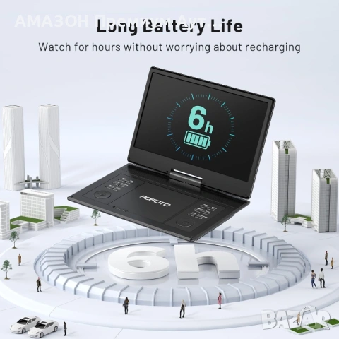 POFOTO 15.7" преносим DVD плейър/14.1" HD въртящ се екран/4000mAh батерия/2 колони/USB/SD/TV,черен, снимка 3 - Плейъри, домашно кино, прожектори - 54594911