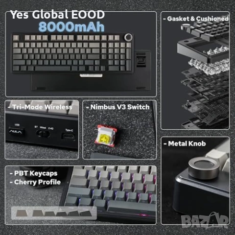 EPOMAKER x AULA F99 PRO безжична RGB клавиатура, снимка 2 - Клавиатури и мишки - 54941480