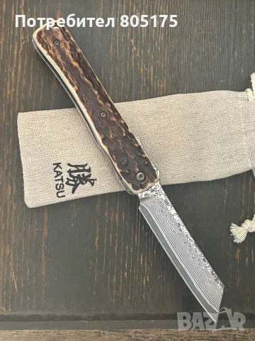 Японски джобен сгъваем нож Katsu. Еленов рог , дамаска стома, снимка 2 - Ножове - 55316436