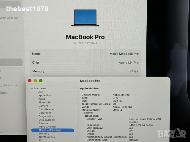 MacBook Pro 16`M4 Pro/14 CPU/20 GPU/24GB RAM/512GB SSD/1 Година Гаранция/Батерия 100%, снимка 6 - Лаптопи за работа - 55424330