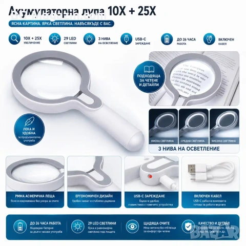 Голяма увеличителна ръчна лупа с LED осветление дръжка USB акумулаторна 10X и 25X лед четене книги, снимка 7 - Други инструменти - 50920065