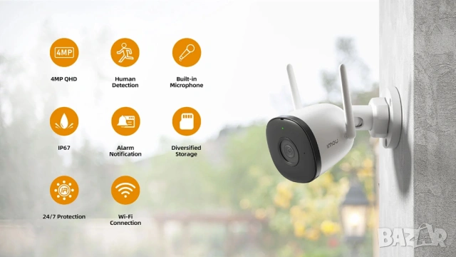 Външна Охранителна WiFi Камера Imou Bullet 2C, 4MP (2K) с AI Засичане на Хора и Микрофон, снимка 3 - IP камери - 54356022