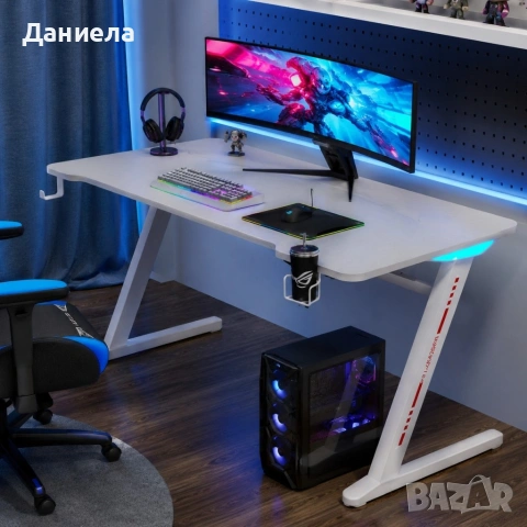 Геймърско бюро 140 см с RGB LED осветление, поставка за чаша и държач за слушалки – Бяло, снимка 2 - Други стоки за дома - 54695220