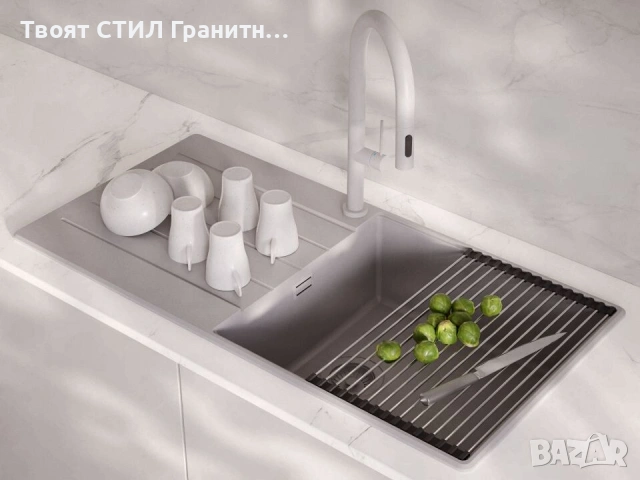 Сива кухненска мивка от гранит Копенхаген 1000x500 Top 60, снимка 7 - Мивки - 55123806