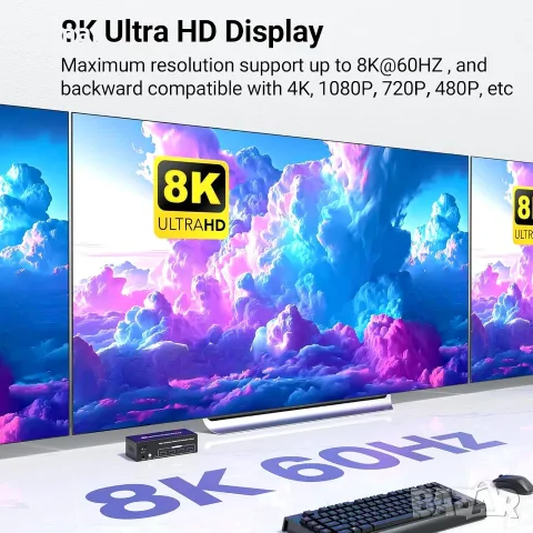 8K/60Hz 4K/120Hz USB 3.0 HDMI KVM превключвател за три монитора и два компютъра, снимка 2 - Кабели и адаптери - 55553261