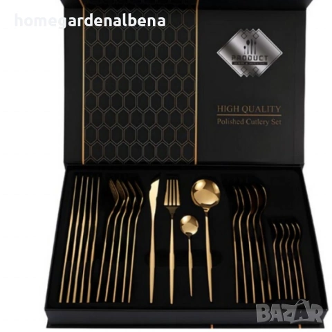 Комплект прибори за хранене в златист цвят от 24 части с луксозен дизайн и магнитна кутия
