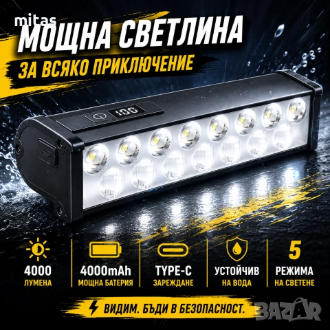 Ултра ярък 15 LED бар за велосипед, 4000 lm, USB-C, Бяла и жълта светлина