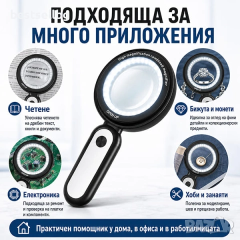 Мощба ръчна лупа 10X и 30X с 21 LED светлини за четене бижута монети и електроника, снимка 7 - Други инструменти - 24207829