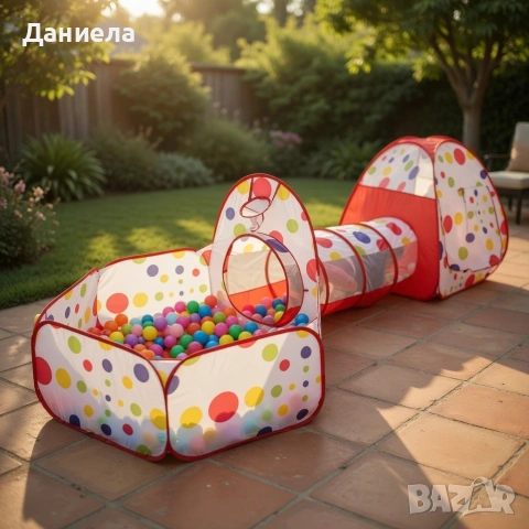 Детска палатка 3в1 с тунел и басейн за топки, Червена, 270 см, снимка 2 - Други - 54541659