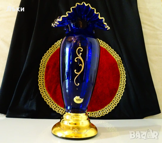 Кристална ваза Bohemia,злато,кобалт,етикет. , снимка 8 - Вази - 55192445