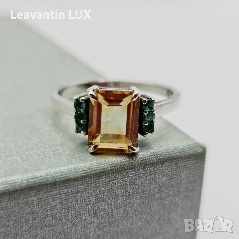 Сребърен пръстен с Цитрин и Смарагди , снимка 3 - Пръстени - 54083461