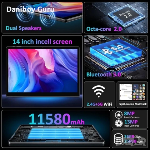 Огромен 14 инча Таблет BEYNIVAN Android 15 36GB RAM 256GB ROM, SIM , снимка 2 - Таблети - 53993851