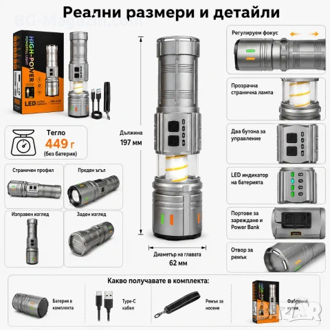 Мощен прожектор YEMAO 1400lm: Акумулаторен LED фенер 1000м обхват Къмпинг лампа и Power Bank, снимка 7 - Къмпинг осветление - 55123754