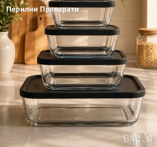 Комплект кутии за съхранение на храна 4 части, стъкло с капак