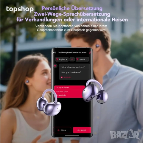Нови Смарт Слушалки Преводач с Изкуствен Интелект BNARQP NE32 Open Ear с Тъч Дисплей 134 Езика ..., снимка 7 - Bluetooth слушалки - 54990082