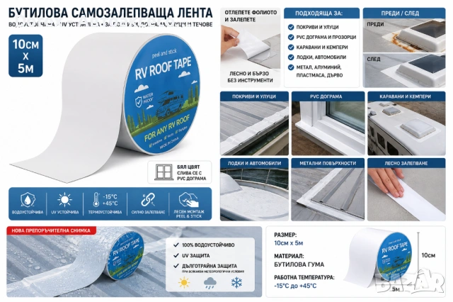 Водоустойчива бутилова лента 10см x 5м – за покриви, дограма, улуци и течове, снимка 1 - Аксесоари и консумативи - 53901359