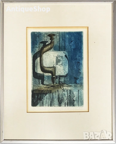 Стара картина, суха игла, литография, офорт, графика, подписана. Warner Hemstede