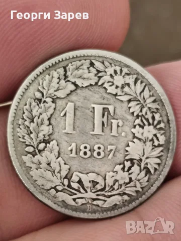 1 франк 1887 год, сребро, тегло 5.00 гр, проба 835/1000, снимка 2 - Нумизматика и бонистика - 55501052