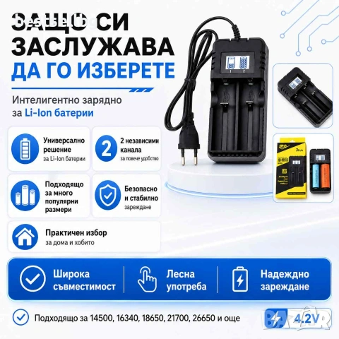 Универсално зарядно с дисплей за две литиево йонии батерии 3.7V 18650, снимка 5 - Друга електроника - 42636201