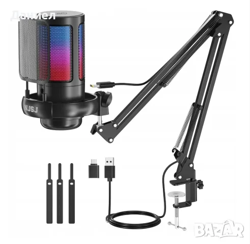 Геймърски USB микрофон NJSJ ME6S, RGB, кардиоиден, комплект със стойка за рамо, 2,5м кабел
