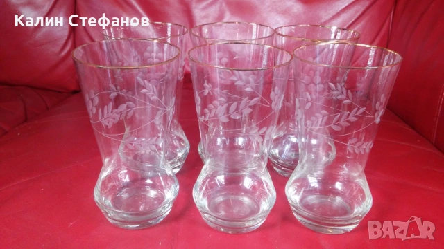 Ретро чаши за безалкохолно, ръчна гравюра, златен кант, 6 бр