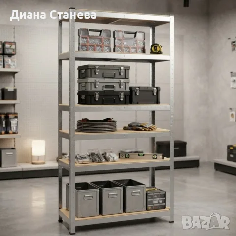 Метален стелаж с 5 рафта – 875 кг товароносимост, 180 × 90 × 30 см, сребрист, снимка 2 - Етажерки - 55565310